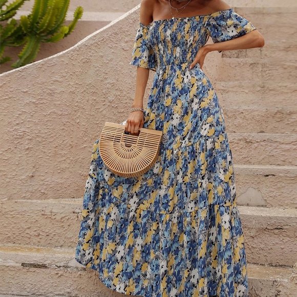 Blue Boho Womens Allover Floral Print Shirred Off Shoulder Ruffle Hem Dress - Picture 3 of 5